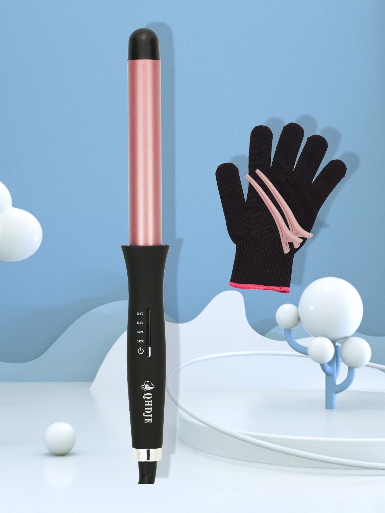 1pc Aluminum Alloy Cylindrical Curling Iron & 1pc Clip & 1pair Glove, Modern Two Tone Cylindrical Curling Iron For Personal Care