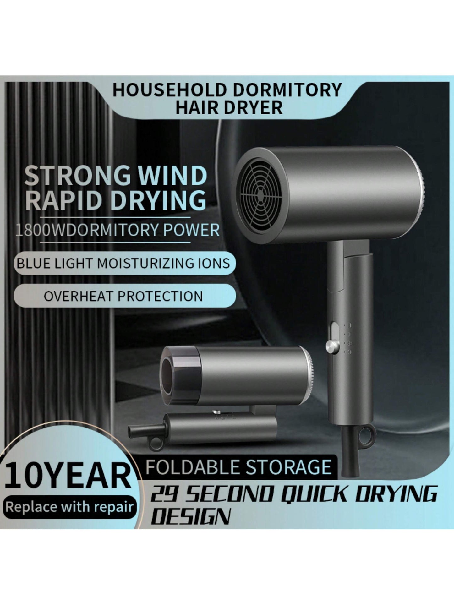 1PC US Foldable Hair Dryers Quick Dry Portable Blow Drier 1400W Blue Light Negative Ion Hair Care For Dormitory Students Home