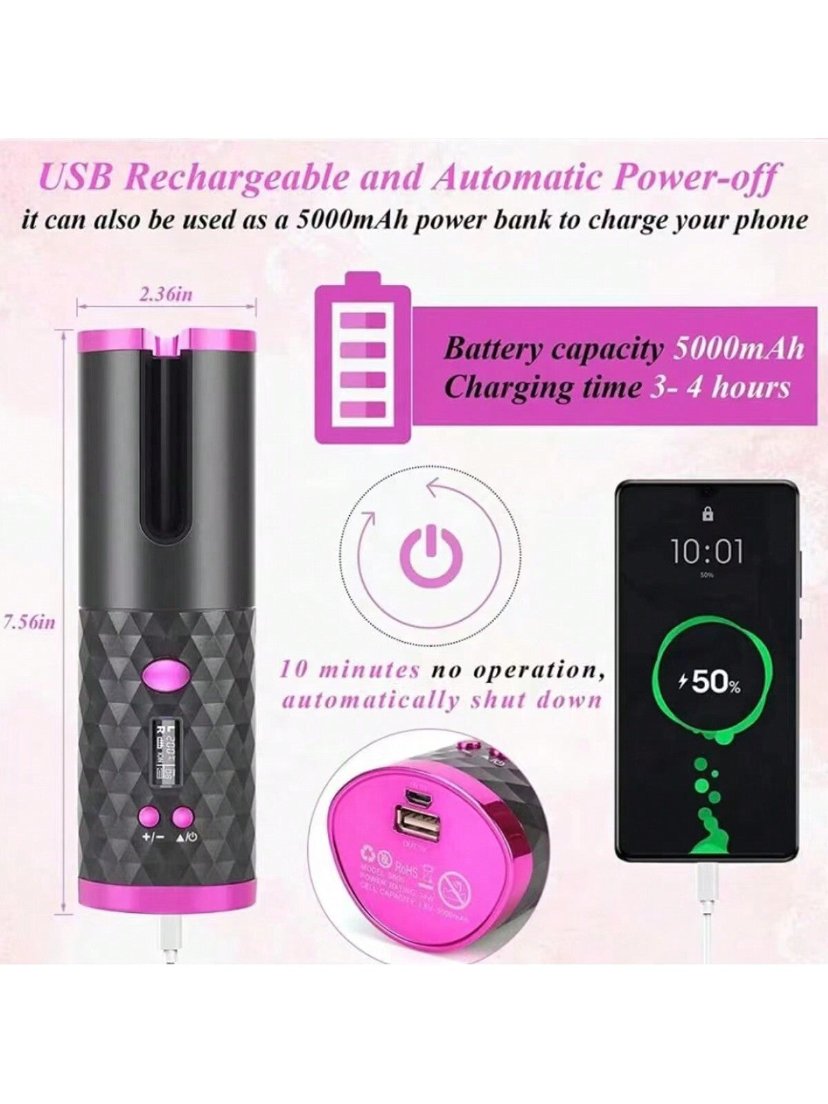 Automatic Cordless Rotating Hair Curler With Usb Rechargeable Battery, Portable & Travel-friendly, Led Display, Including Comb & Hair Clip