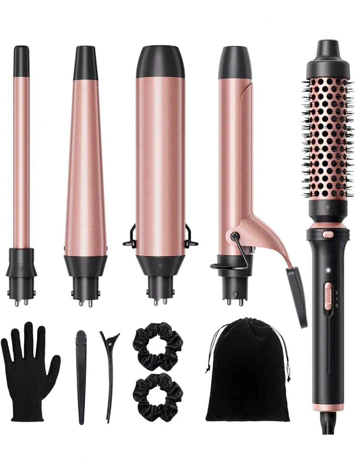 5 in 1 Women Curling Iron,Curling Wand Set with Thermal Brush and 4 Interchangeable Ceramic Curling Wand(0.5”-1.5"),Instant Heat Up Wand Curler, Dual Voltage Curling Iron
