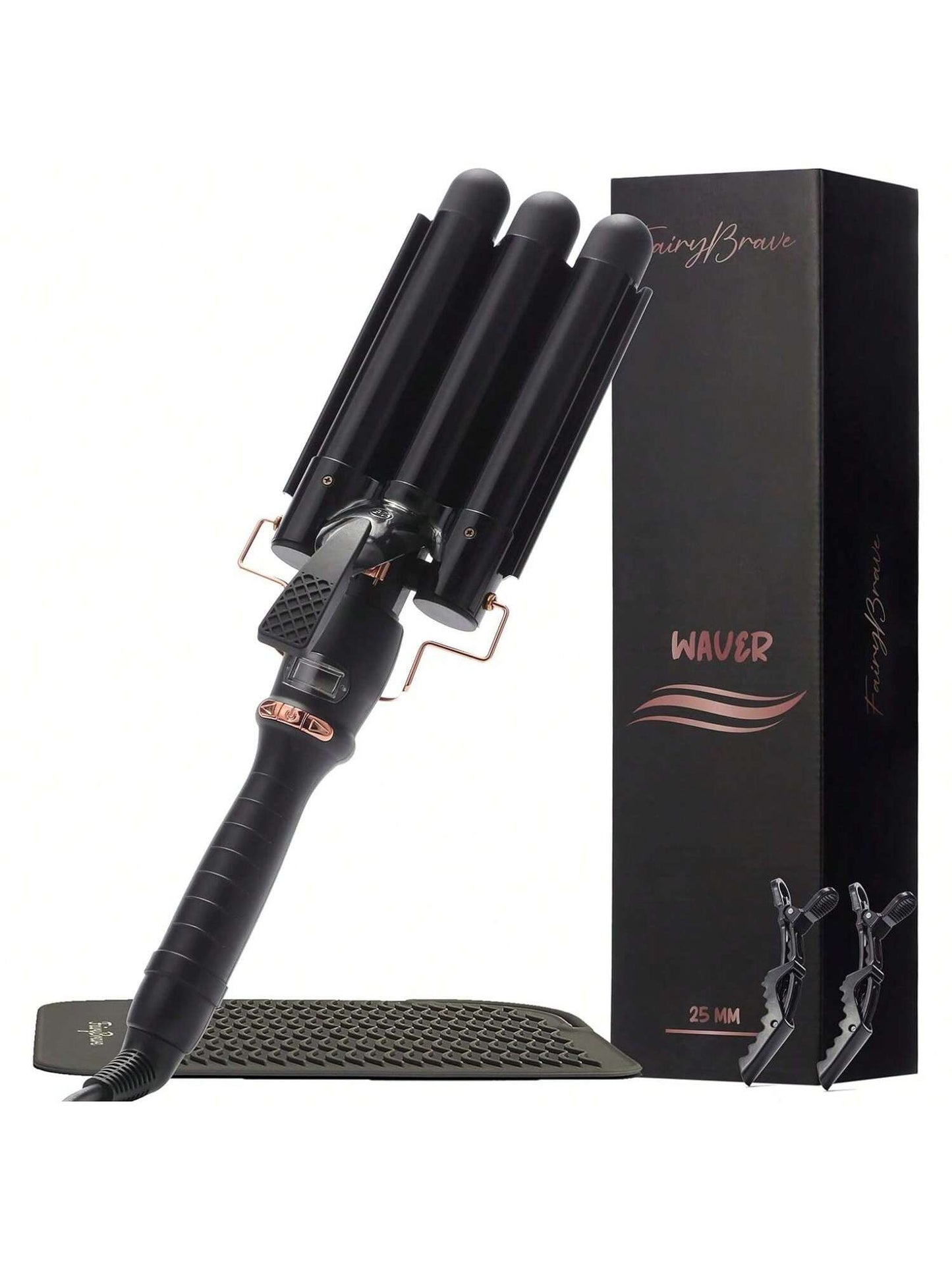 3 Barrel Curling Iron Wand - Triple Hair Waver & Crimper For Beach Waves Set, Ceramic Tourmaline With Adjustable Temperature - Beach Waver, Black
