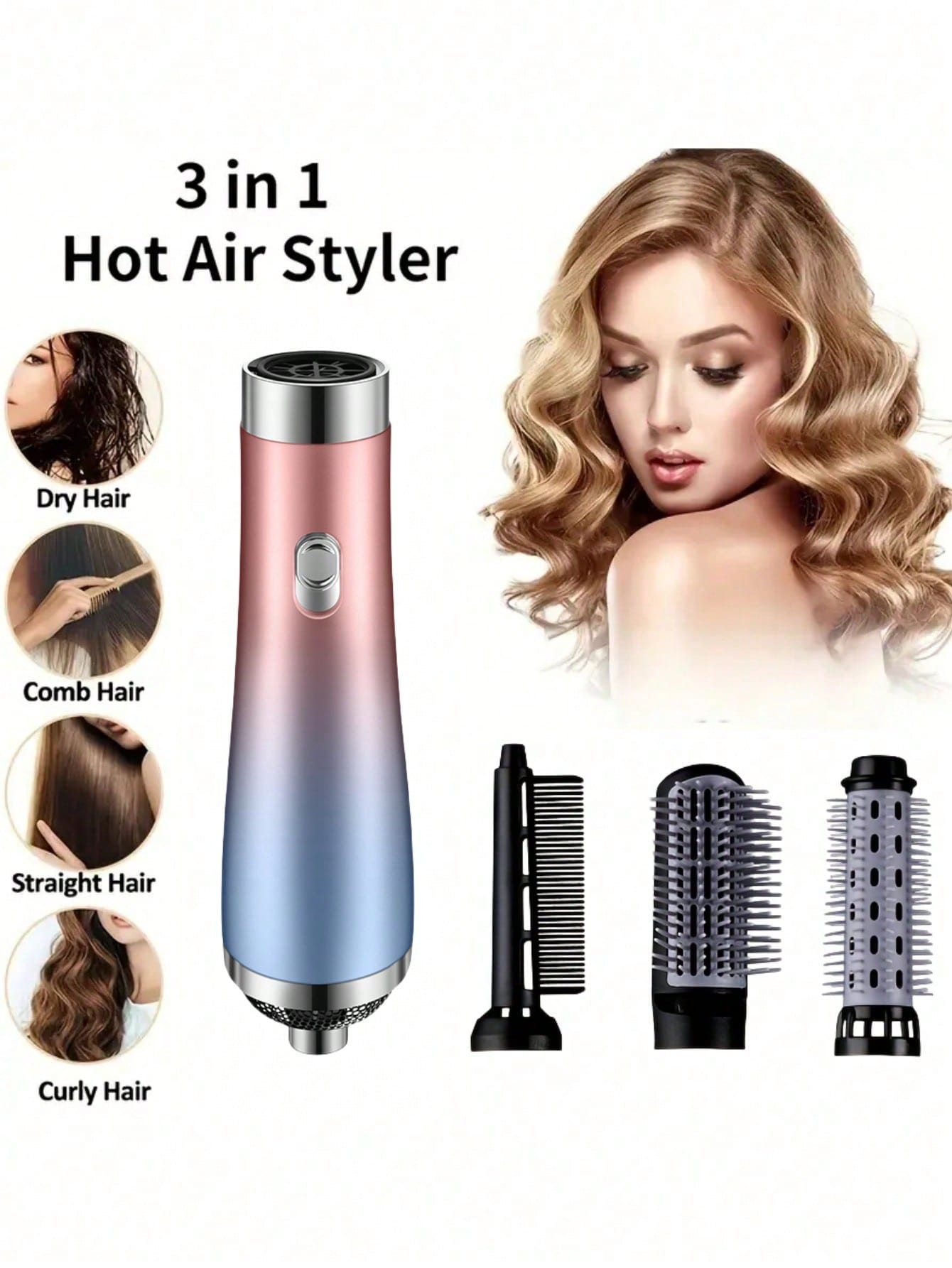 3-In-1 Multi-Functional Hot Air Brush, Hair Styling Blow Dryer Comb For Straight/Curly Hair,750w, 10000r/Min - Suitable For Home/Salon