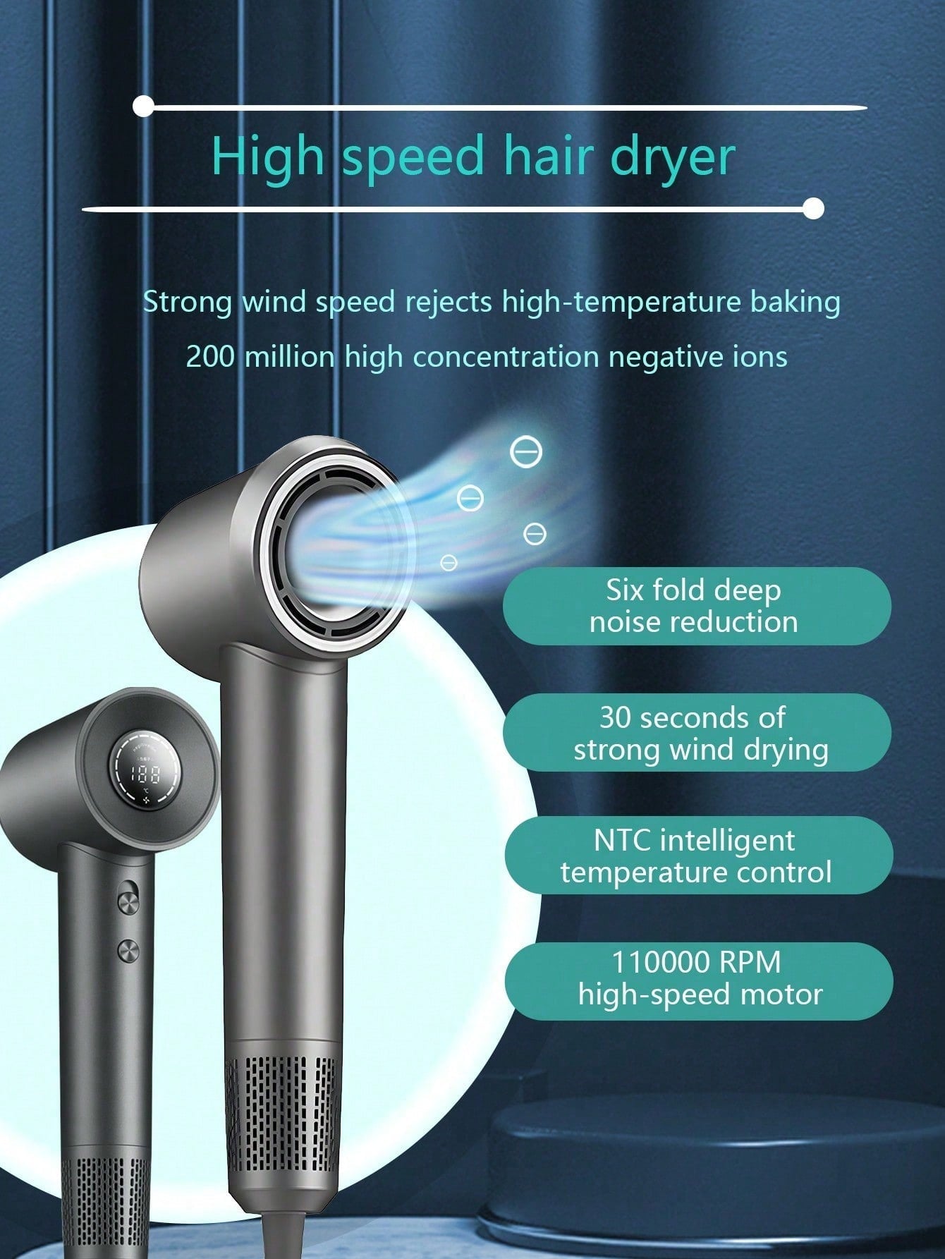 1PC Hair Dryer, High Speed Blow Dryer 2X Faster, 200 Million Ionic Hair Dryer, Low Noise, Lightweight Hairdryer For Home Travel, 150,000 RPM Motor, More Protection, Magnetic Nozzle, Color LED Light,Perfect For Gifts