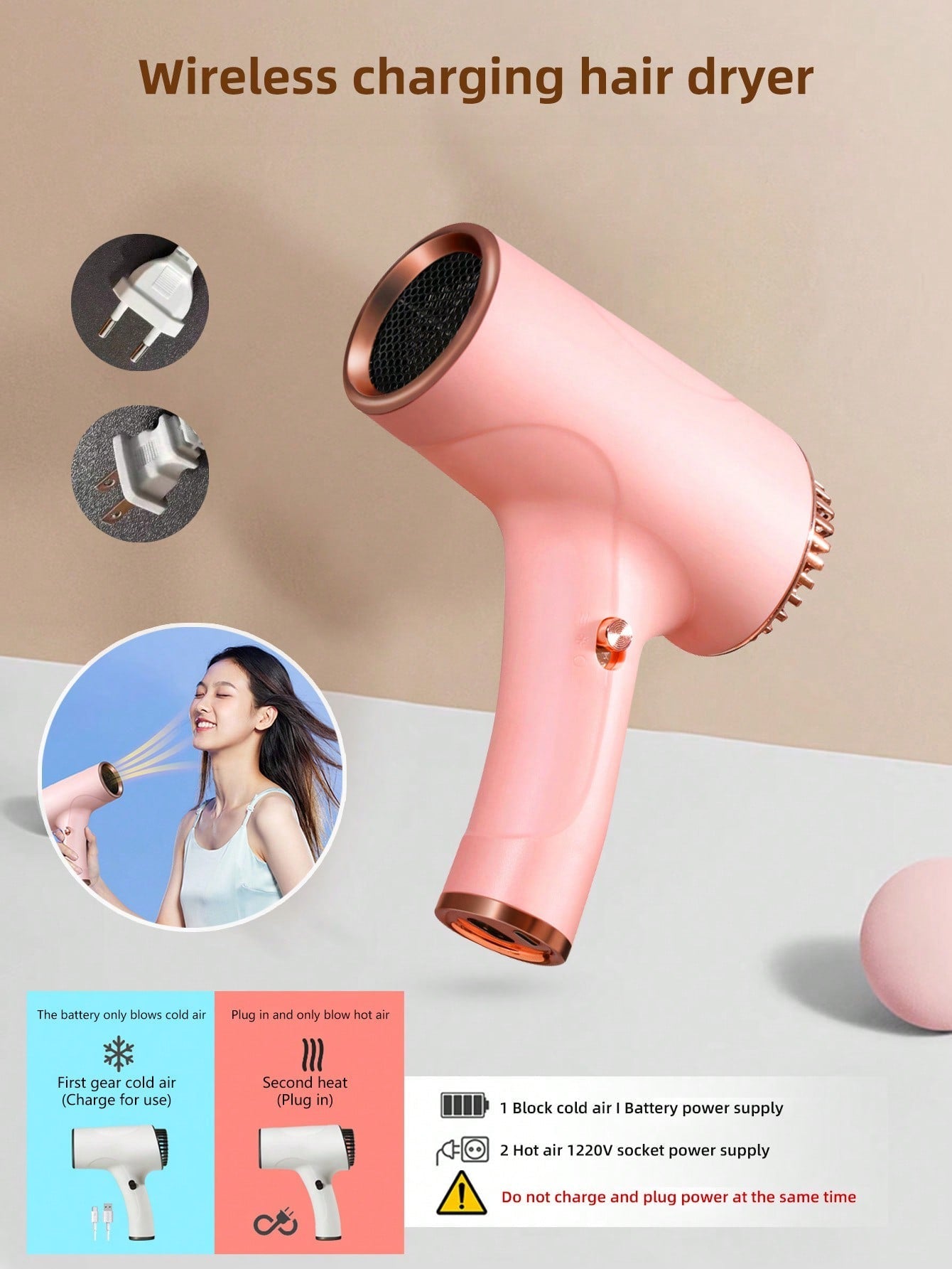 1pc Portable Multifunction Hair Dryer, Can Be Rechargeable And Plug In Use, 2 Modes Hot/Cold, Easy To Store, Suitable For Home And Travel