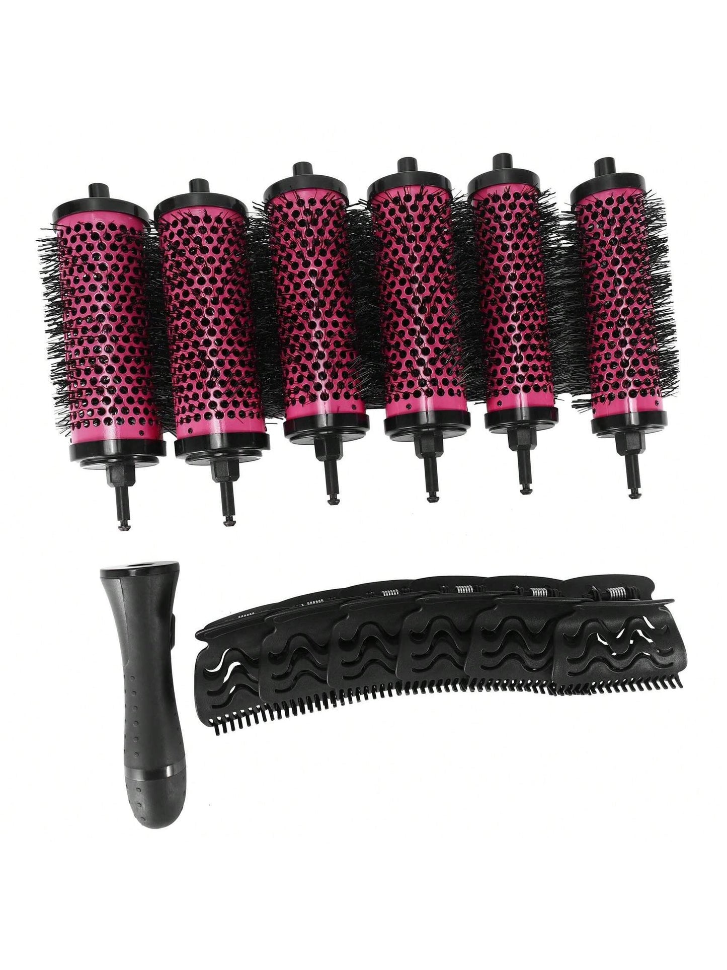 6pcs/Set 3 Sizes Detachable Handle Hair Roller Brush With Positioning Clips Aluminum Ceramic Barrel Curler Comb Hairdresser, 6 Barrels 1 Handle 6 Clips