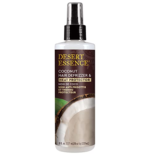 Desert Essence Coconut Hair Defrizzer & Heat Protector 8 fl oz - Gluten Free, Vegan, Cruelty Free - Coconut Oil & Jojoba Seed Extract - Protects Hair from Heat & Styling Damage