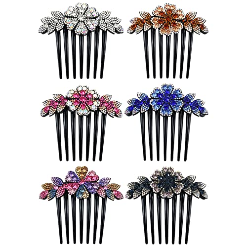 Lawie 6 Pack Luxury Sparkly Glitter Flower Leaf Rhinestone Black Plastic Side French Twist Hair Combs Long Teeth Slide Hairpins Barrettes Bun Chignon Clips Long Thick Hair Holder Accessories for Women