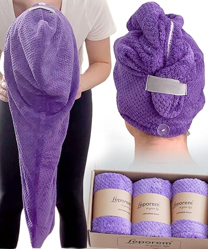 Leporem 3 Pack Extra Large (30 inch X 11 inch) Microfiber Towel for Hair - Huge Super Fast Dry & Absorbent Hair Turban for Long, Curly Hair, Hair Caps for Women, Men, Kids (Hydrangea Rich Purple)