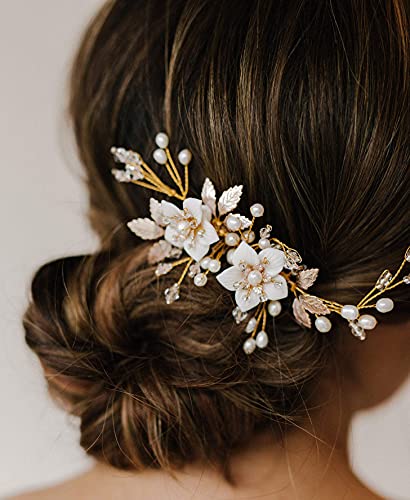 SWEETV Handmade Wedding Hair Comb for Bridal Hair Accessories,Flower Bridal Hair Clip Hair Pieces for Wedding Gold