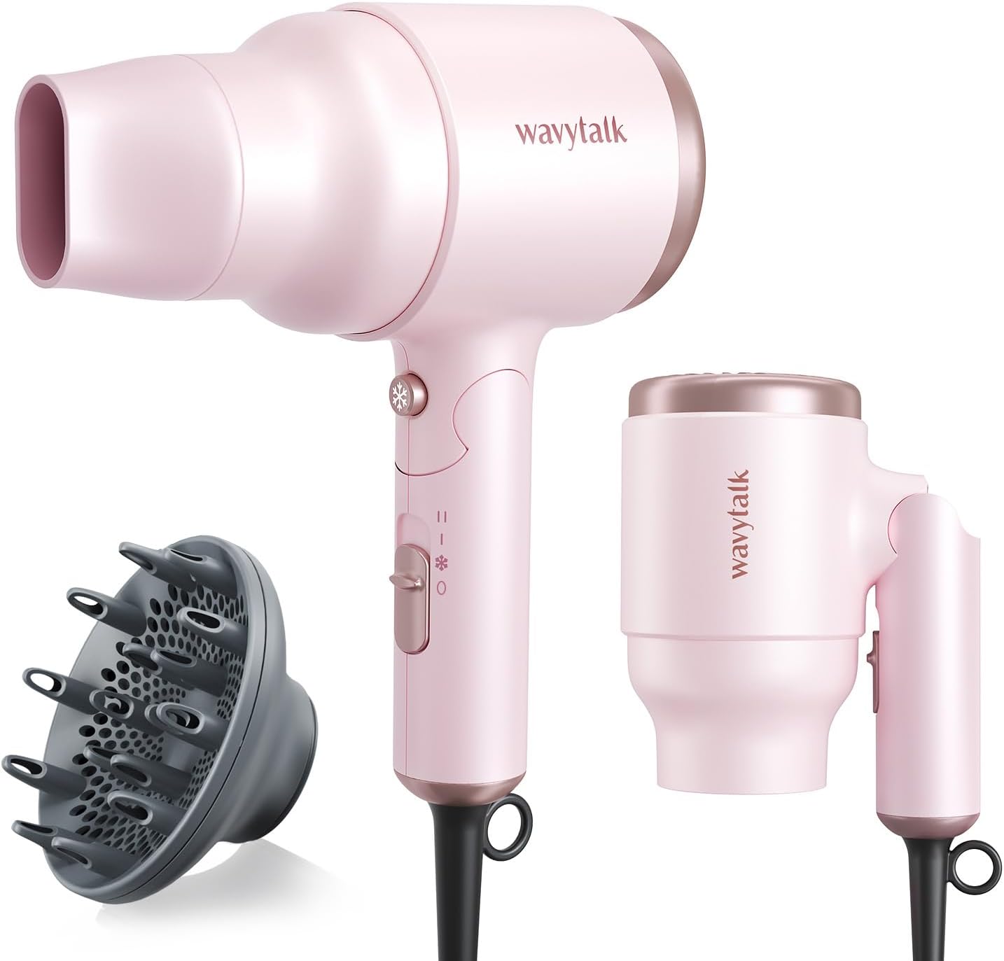 Wavytalk Hair Dryer with Diffuser, Mini Blow Dryer with Folding Handle, 1600W Quiet Lightweight Hairdryer with Diffuser Attachment Compact Design, Pinky White