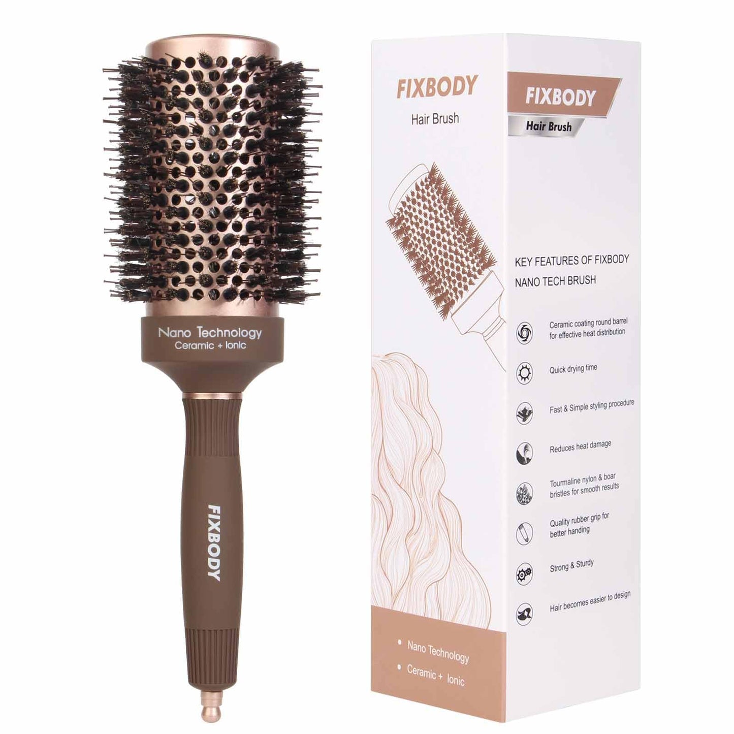FIXBODY Boar Bristles Round Hair Brush, Nano Thermal Ceramic & Ionic Tech, Roller Hairbrush for Blow Drying, Curling, Straightening, Add Volume & Shine (3.3 inch, Barrel 2 inch)