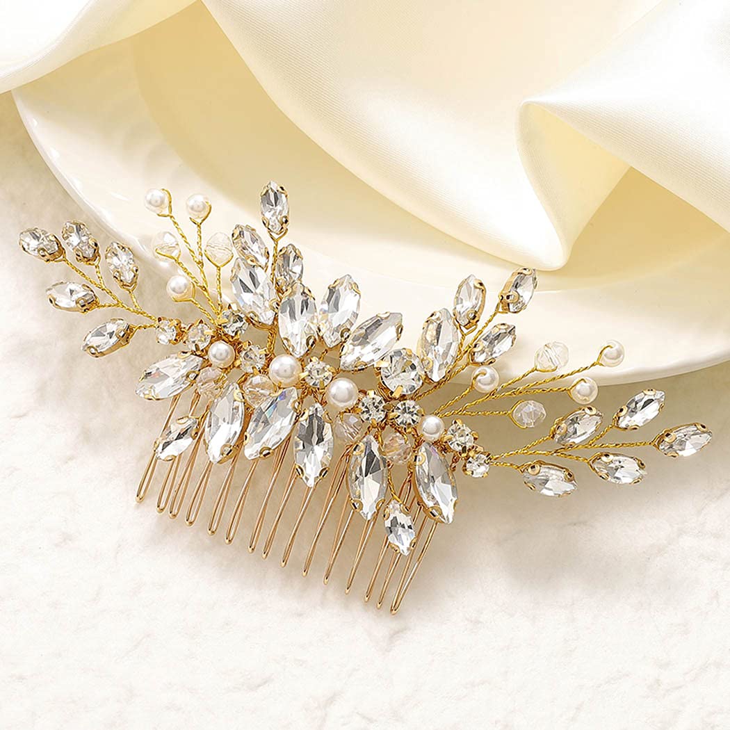 Catery Wedding Hair Comb Pearl Side Combs Rhinestones Hair Jewelry Crystal Hair Pieces Decorative Bridal Hair Accessories for Women and Girls (GOLD)