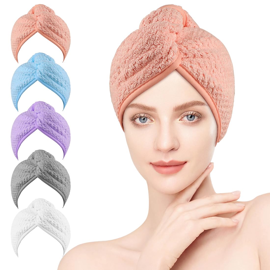 HOMEXCEL Microfiber Hair Towel Wrap, 5 Pack Hair Turbans for Wet Hair, Super Absorbent Dry Hair Towel Wrap for Curly Hair, Anti Frizz Microfiber Towel for Women, 26 x 10 inch