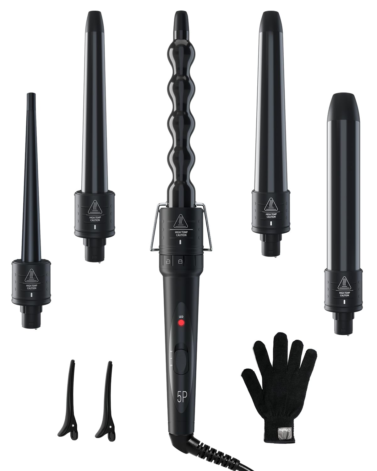 5 in 1 Curling Wand Set: Ohuhu Curling Iron Wand 5Pcs 0.35 to 1.25 Inch Interchangeable Ceramic Barrel Heat Protective Glove 2 Clips Dual Voltage Hair Curler for Girls Women's Day Gift Black