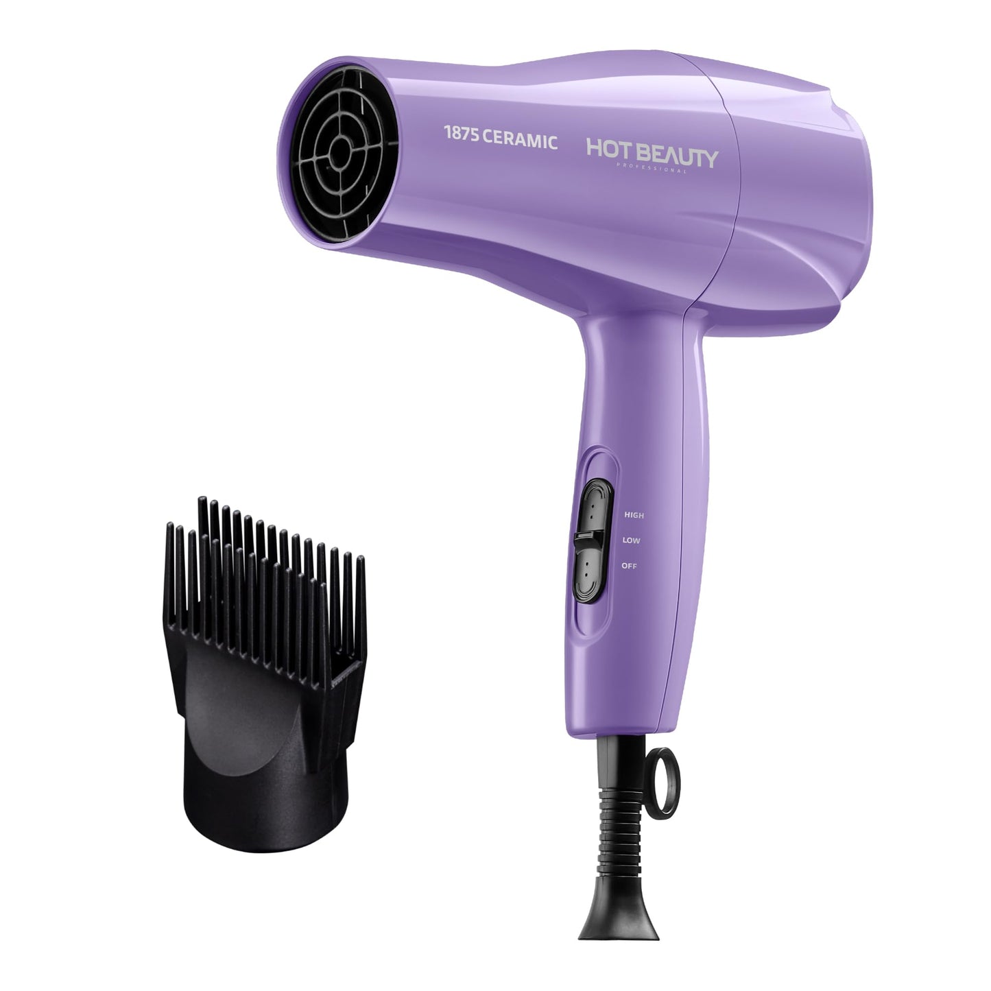 Hot Beauty 1875 Ceramic Hair Dryer, Powerful Fast Drying, Multi-Setting with Comb Attachment, Additional Detangler Included, Slide Bar Switch, Compact for Home & Travel (Purple)