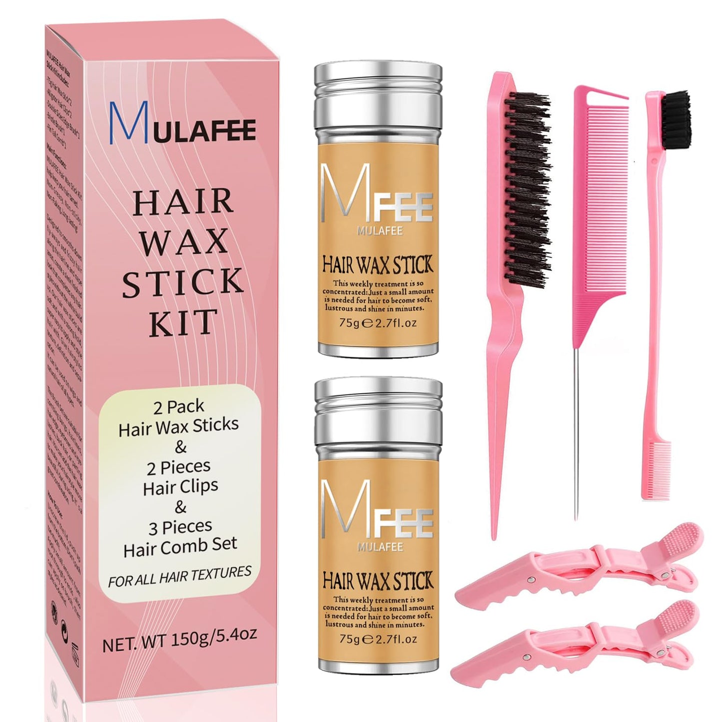 MULAFEE Hair Wax Stick Kit 7 Pcs, Wax Stick for Smooth Hair Wigs, Non-Greasy Styling Wax for Fly Away and Edge Frizz, Hair Slick Stick with Comb & Hair Clips Set