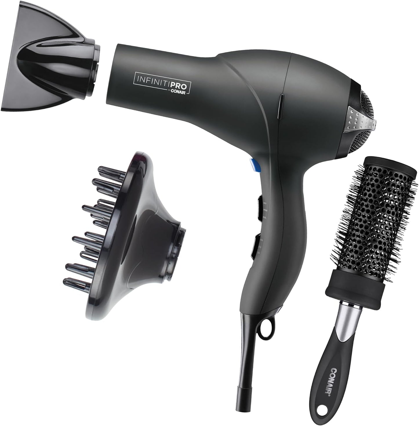 INFINITIPRO by CONAIR Hair Dryer, 1875W Salon Performance AC Motor Hair Dryer, Conair Blow Dryer, Grey with Bonus Blow-Out Brush