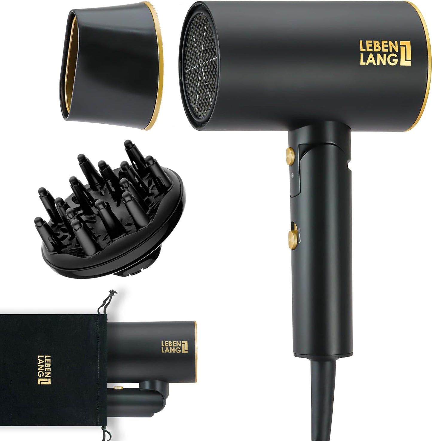 Ionic Hair Dryer 1875W - Compact, Portable, Lightweight, with Diffuser and Bag for Travel