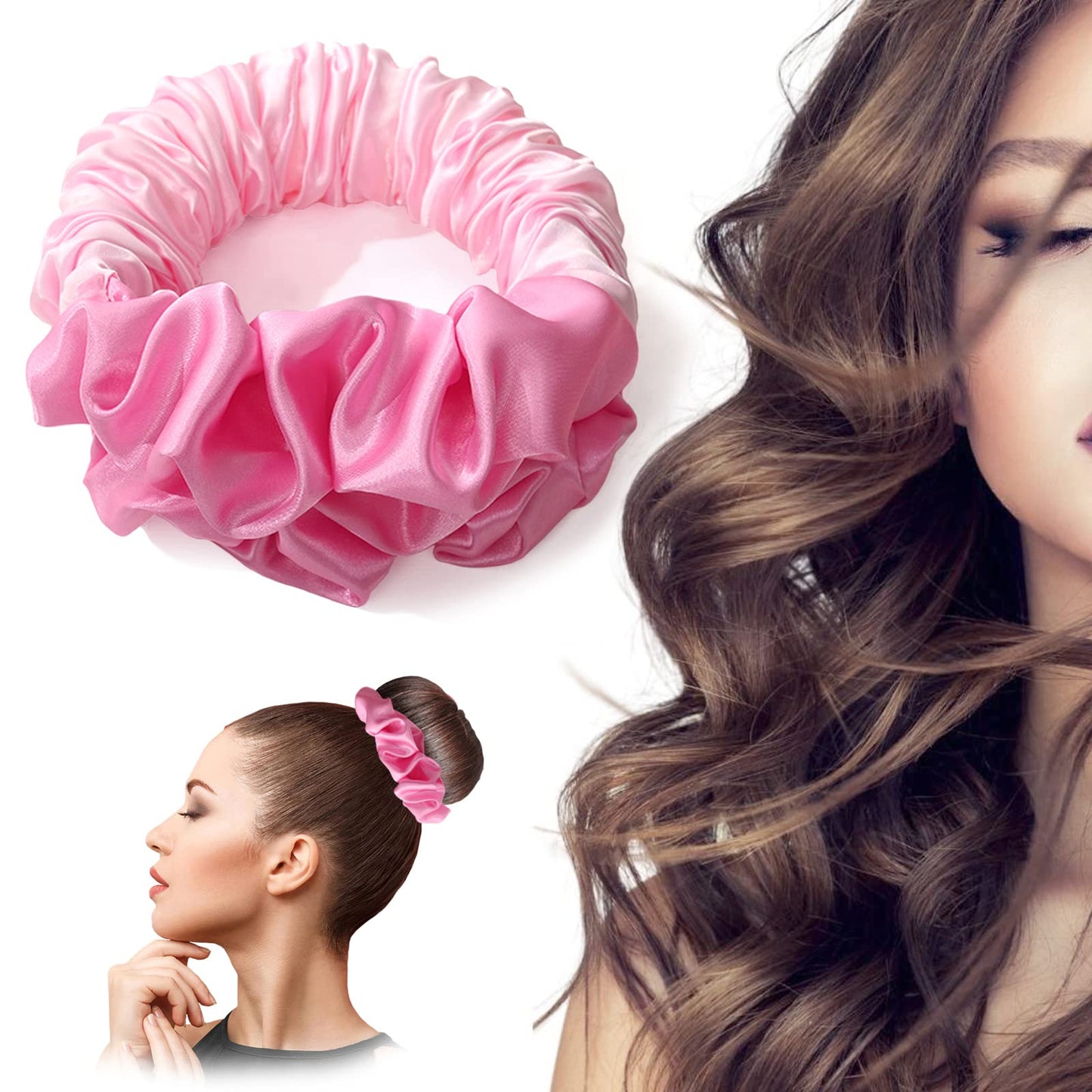 Lanzhire Heatless Hair Curler to Sleep In, No Heat Curls Headband Soft Sleep Scrunchie Silk Lazy Rollers for Long hair Overnight (A-Pink)