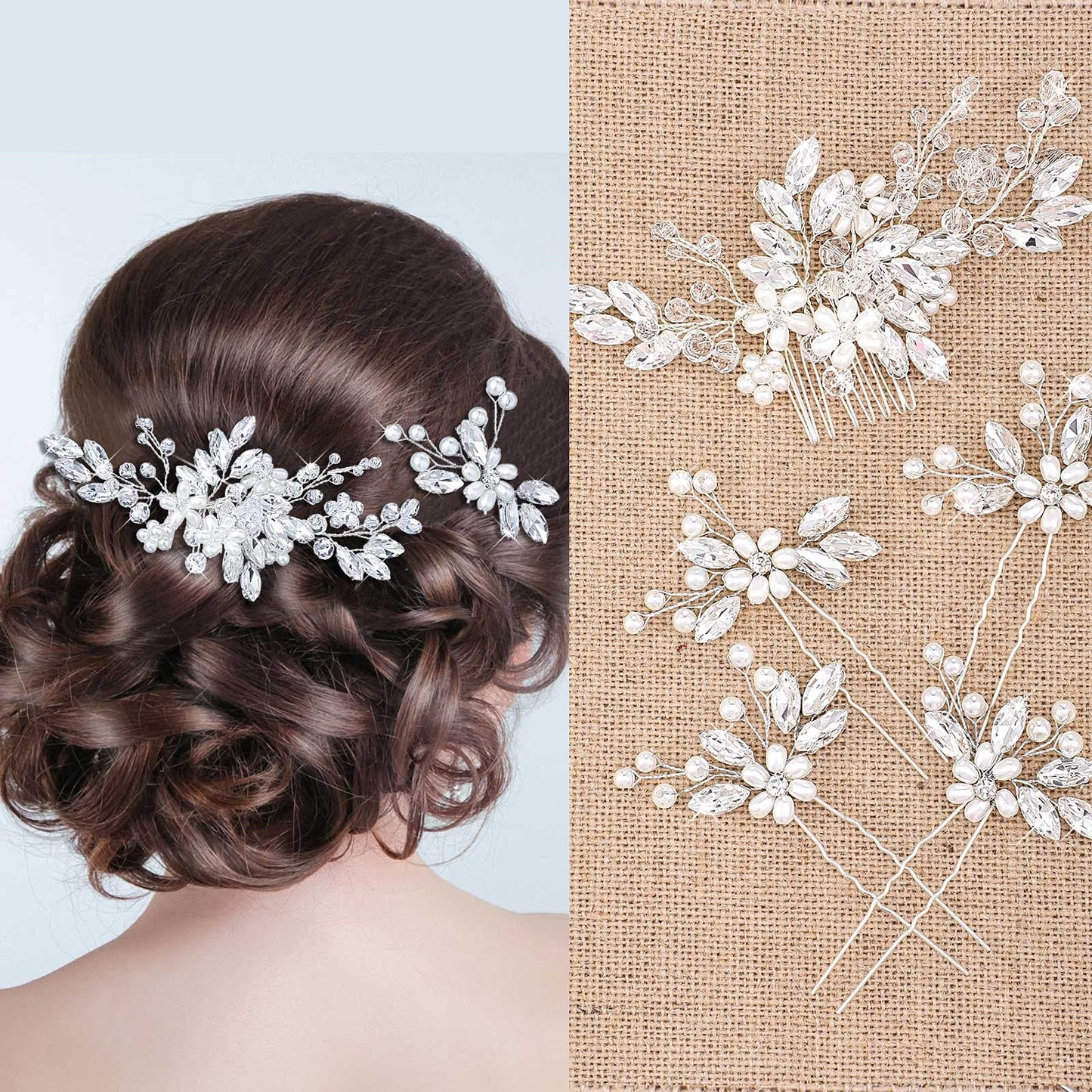 5 Pieces Hair Side Comb, Pins Pearl Crystal U-shaped Rhinestone Hair Accessories for Wedding Brides Women Girls (Silver)