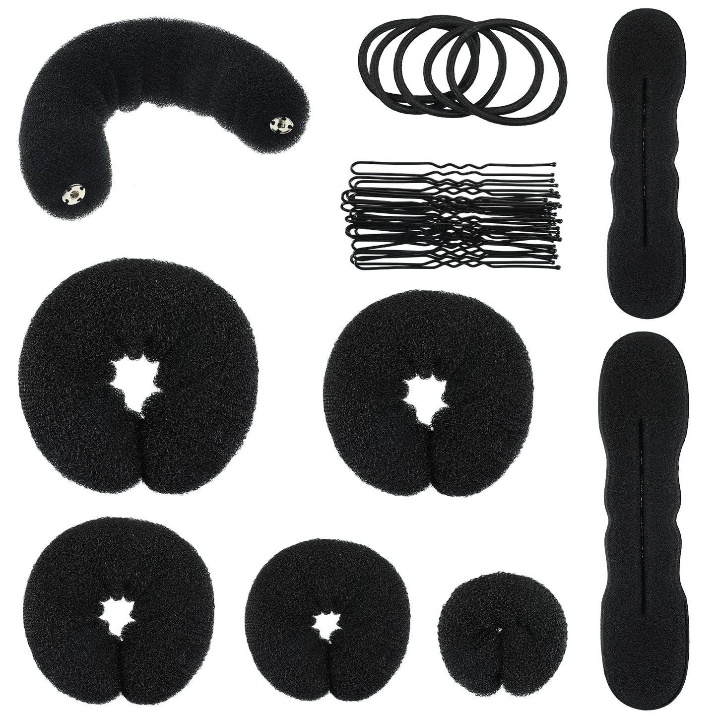 34 Pieces Donut Hair Bun Maker Ring Style Bun Maker Set Includes 5 Black Donut Hair Bun Holder 4 Sponge Foam Bun Hair Maker Small Large Bun Shaper 5 Hair Elastic Bands 20 Hair Pins for Hair DIY