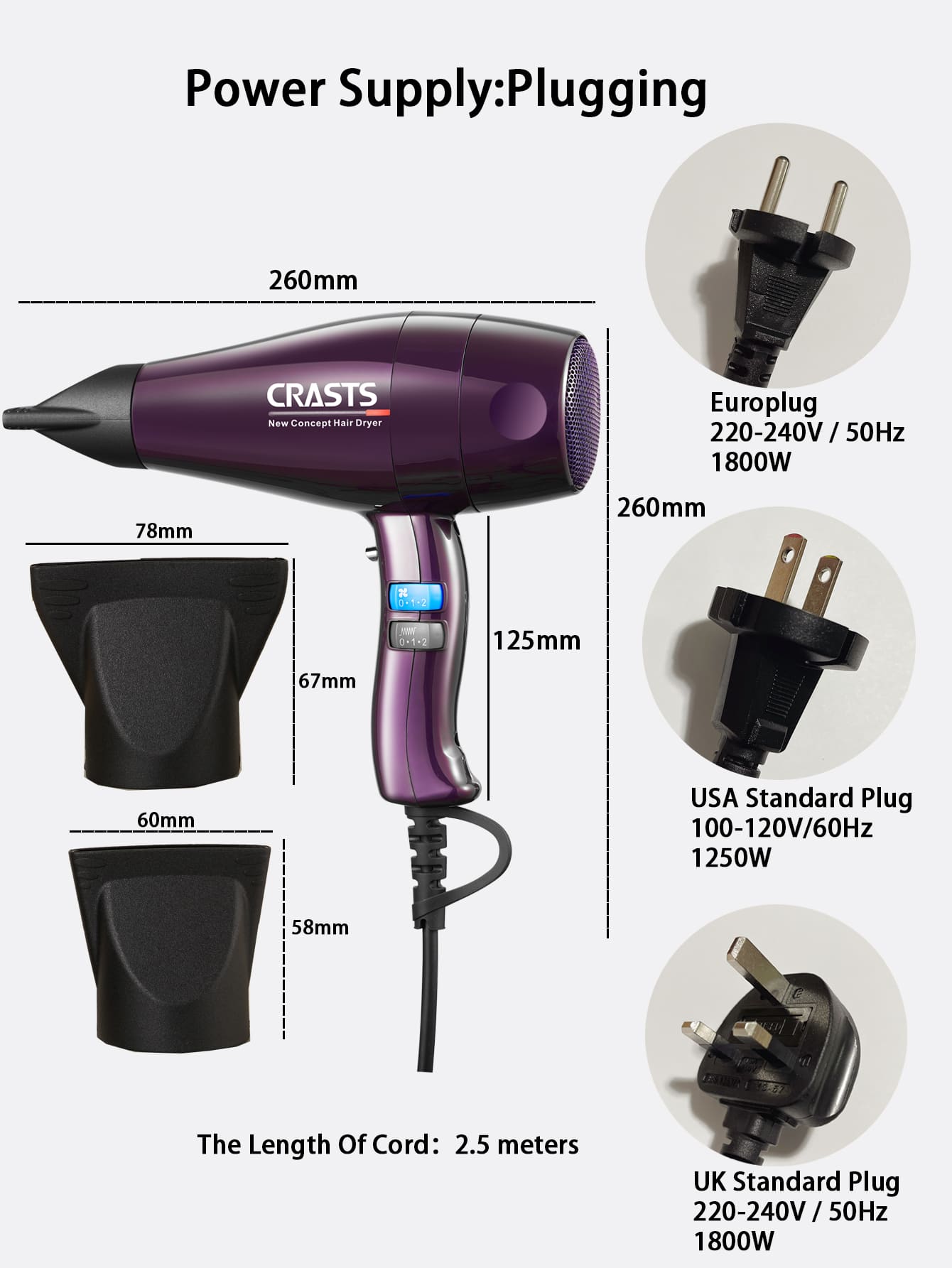 Crasts Professional Salon Quality Hair Dryer With 4 Adjustable Heat Settings, Large Power And Red Color, Suitable For Home And Hair Salon, Model 863