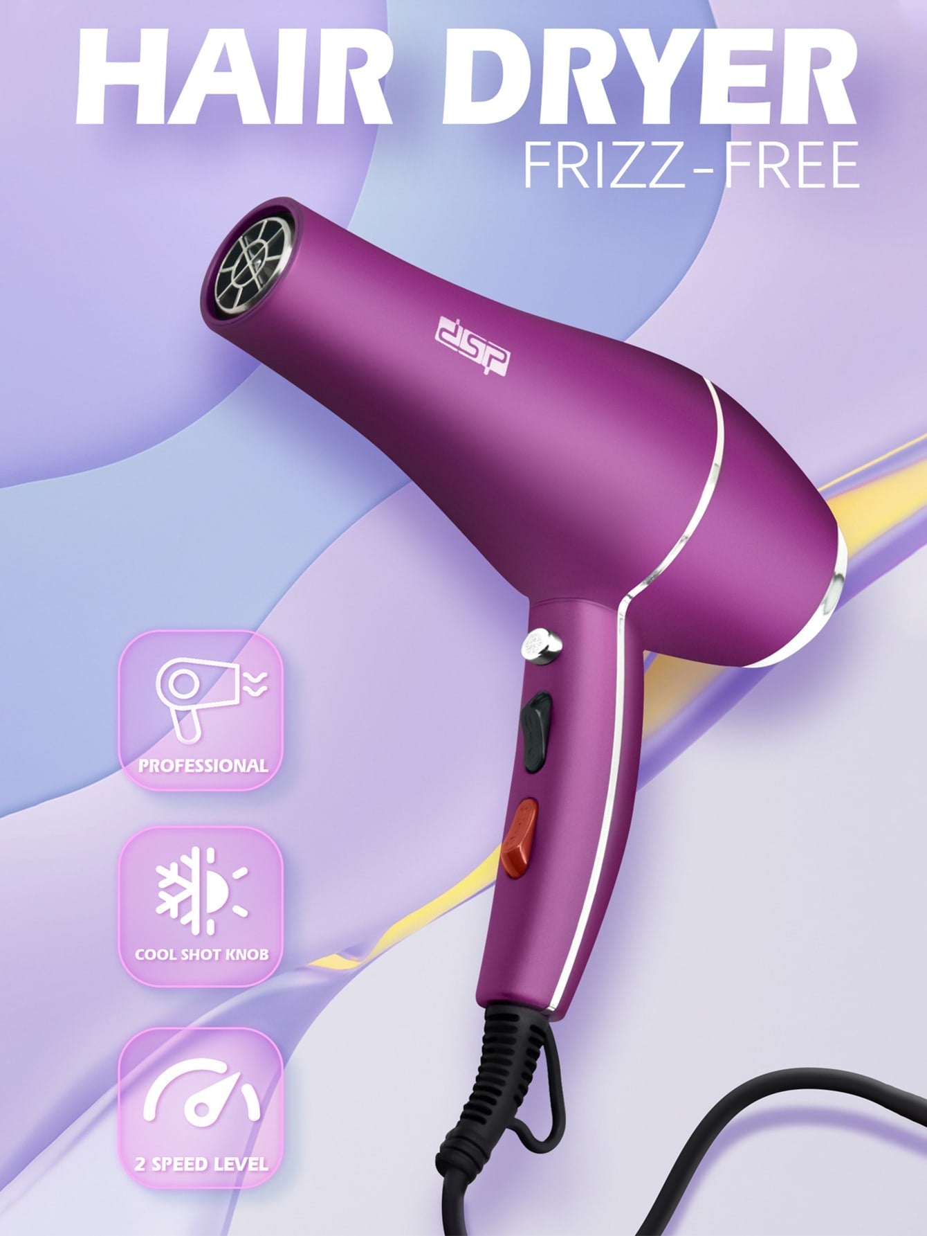 DSP Lonic Hair Dryer 1250W High Power Fast Drying 2 Heat and Speed Settings Comfortable Grip 360 Degree Rotatable Wire and Removable Filter with 2 Concentrator for Home Use Hairstylists Students Quick Drying Black