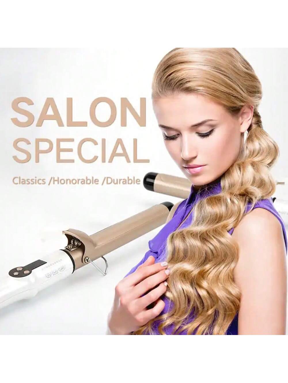 1pc Gold Ceramic Electric Hair Curler With Lcd Display, Professional Salon Styling Tool For Air & Inward Curl, Auto Off & Temp Control, Suitable For Wet/dry Hair
