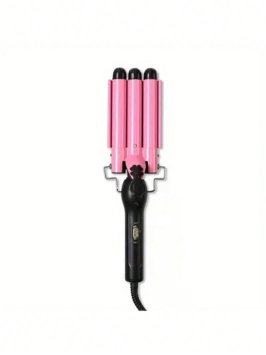 Pink Korean Style Triple Barrel Waver Iron For Making Wavy Curls And Loose Waves, Hair Crimper And Curler