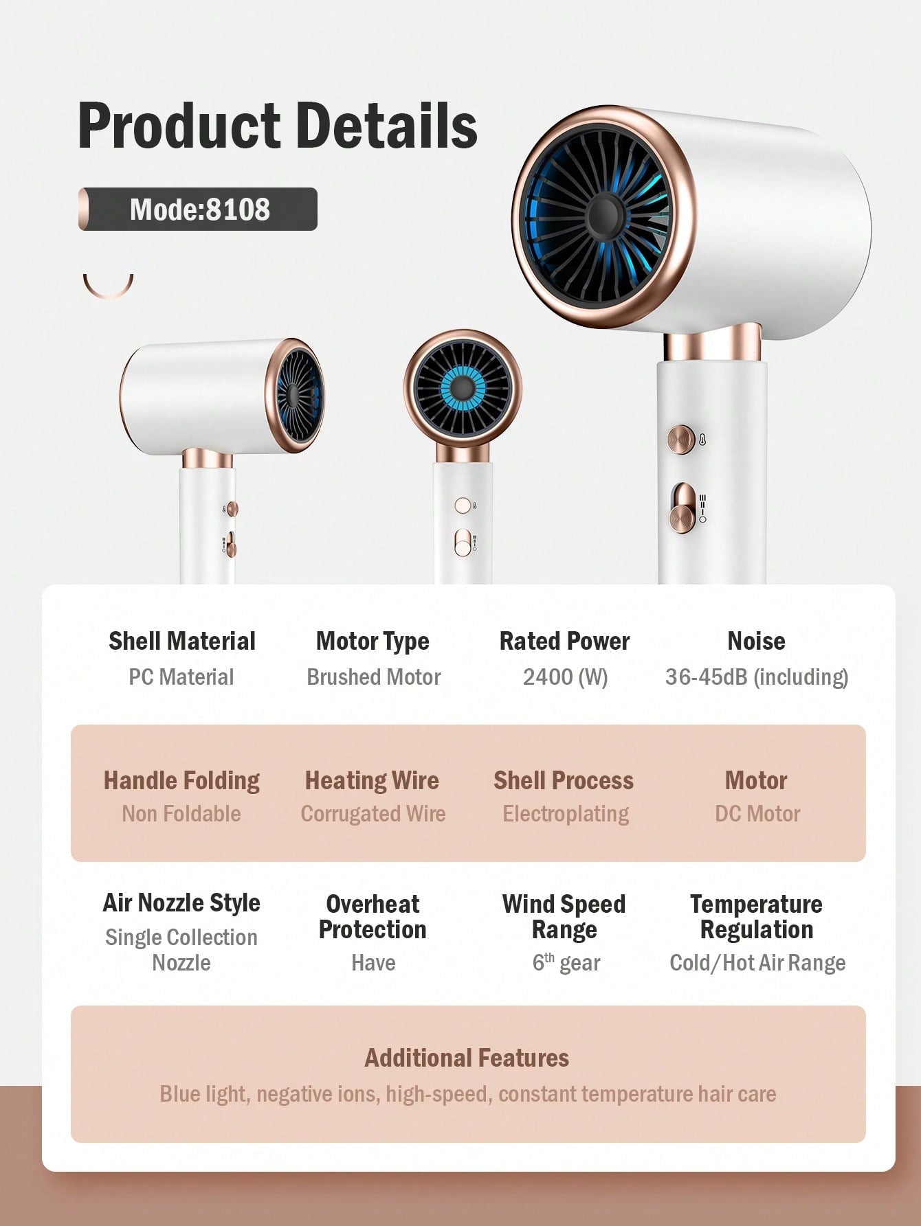 8108 White Hair Dryer With High Speed, Light Weight, Low Noise And High Power, Blue Light Hair Protection, Automatic Temperature Control, Suitable For Salon And Home Use