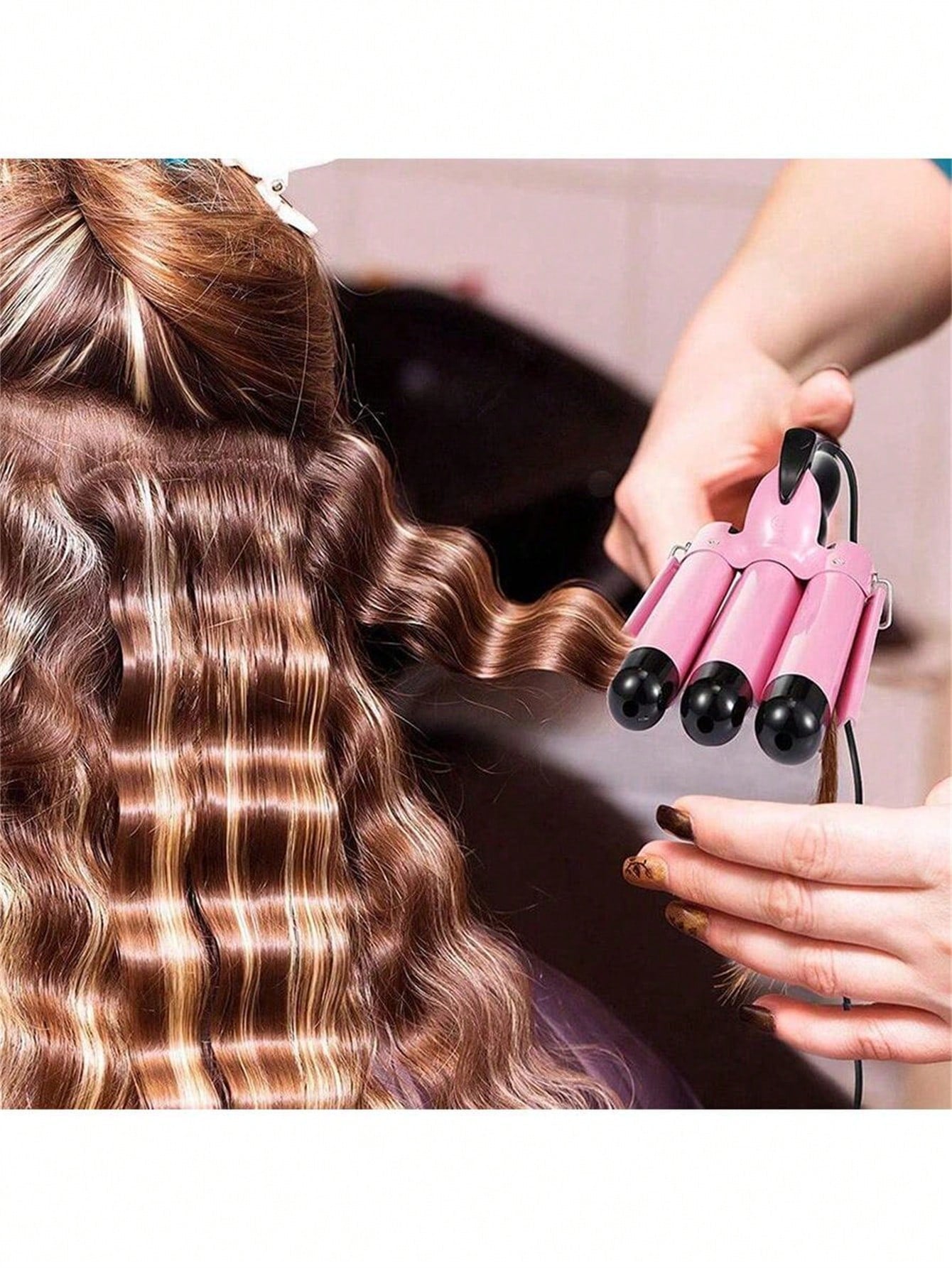 Pink 3 Barrels Hair Curling Iron, Large Waves, Wavy, 3 Tube Electric Hair Curler