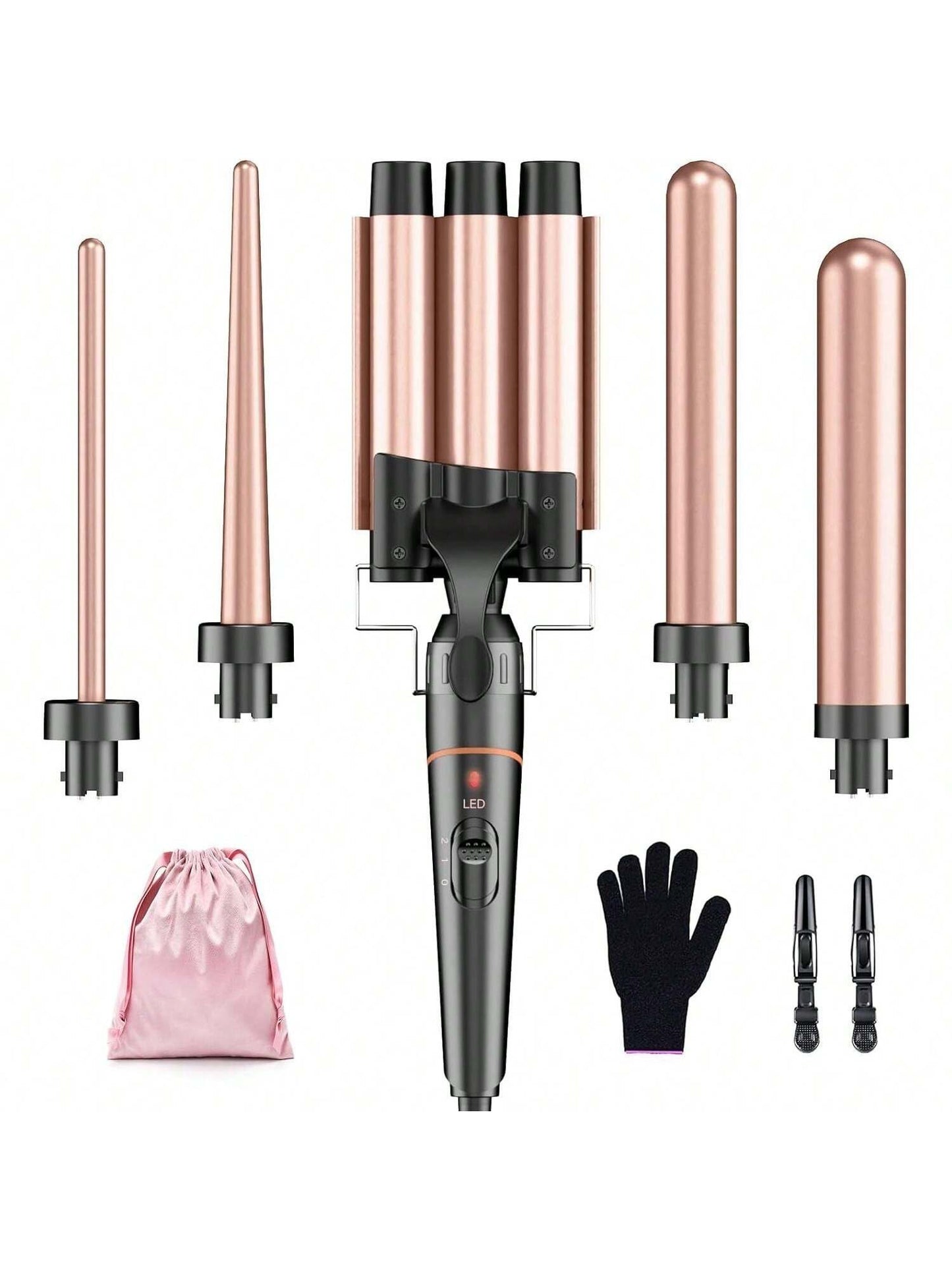 YONGSTYLE 5 in 1 Curling Wand Set - 3 Barrel Hair Crimper with 4 Interchangeable Ceramic Curling Irons0.35-1.25, Heat Up, Storage Bag & Heat Protective Glove & 2 Clips