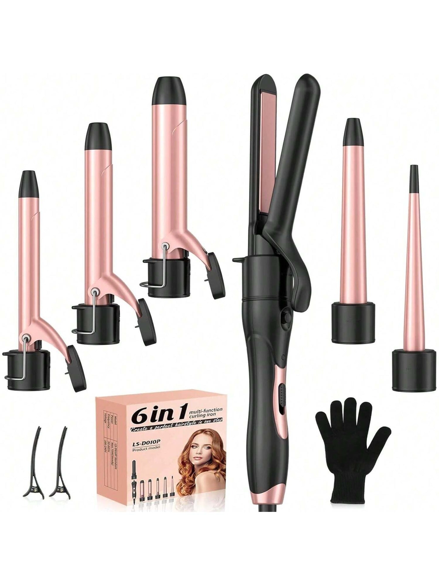 Wand Curling Iron, 6 in 1 Curling Wand Set with Flat Iron Hair Straightener, 0.35 to 1.25 Inch Ceramic Barrel Hair Curler Wand, Professional Dual Voltage Hair Styling Hot Tools for Travel, Home