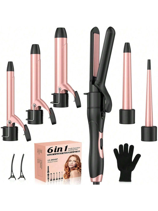 Wand Curling Iron, 6 in 1 Curling Wand Set with Flat Iron Hair Straightener, 0.35 to 1.25 Inch Ceramic Barrel Hair Curler Wand, Professional Dual Voltage Hair Styling Hot Tools for Travel, Home