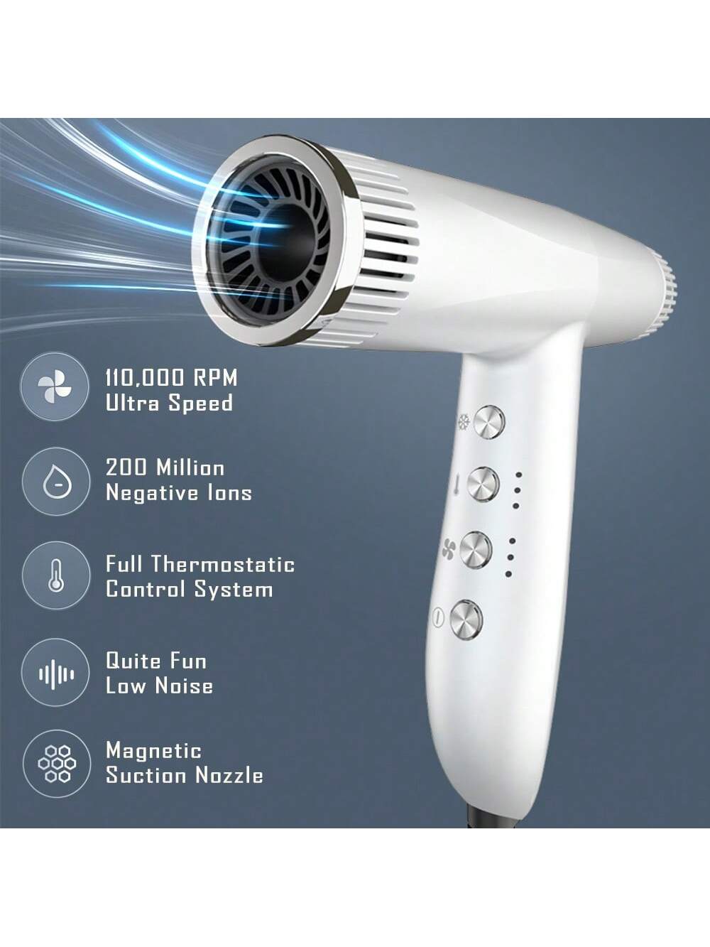 Black 110000rpm High Speed Negative Ion Hair Dryer With Intelligent Temperature Control Lcd Display, Quieter & Super Light Design, 200 Million Negative Ions Protection For Quick Drying And Hair Care