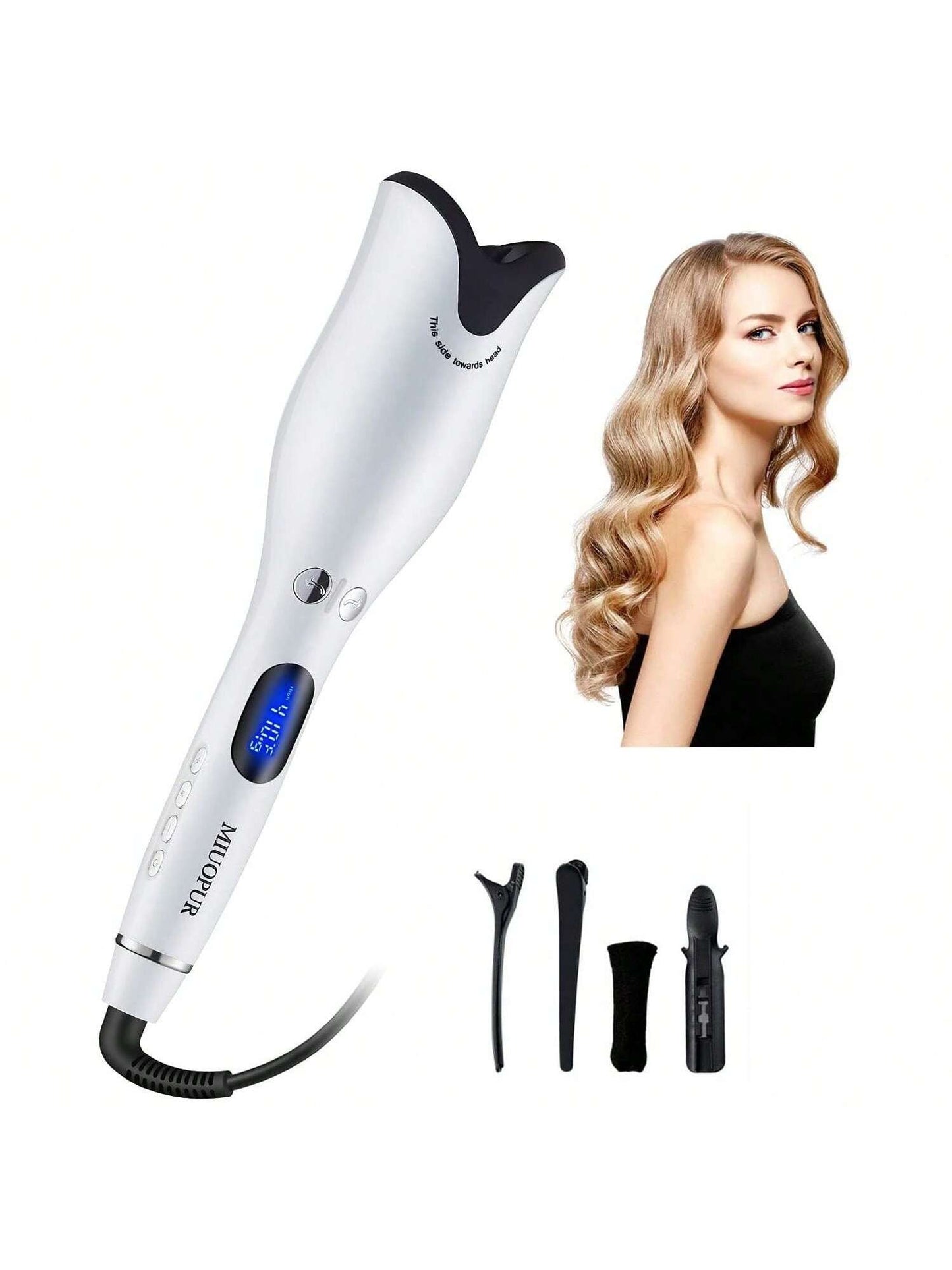 YONGSTYLE Automatic Hair Curling Iron with Ceramic Ionic Barrel, Smart Anti-Stuck, Auto Rotating Hair Curling Wand with Temperature Display and Timer, Professional Hair Curler Styling Tool - White.