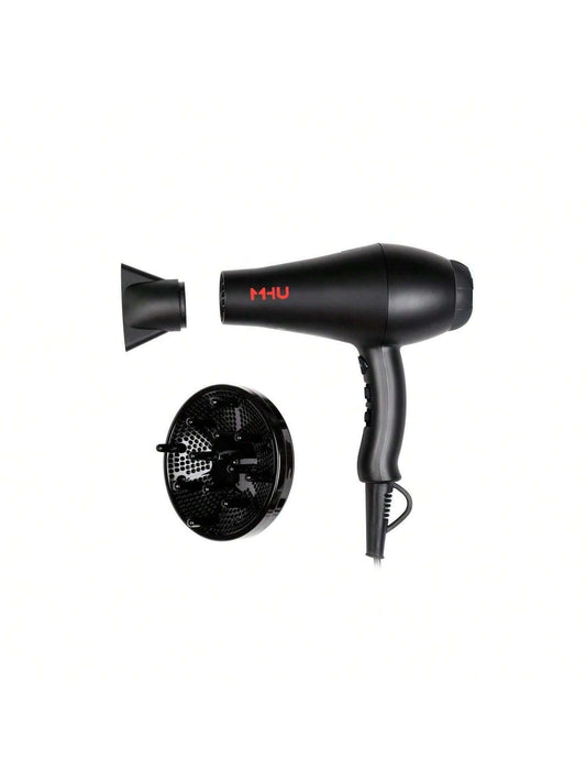 MHU Professional Salon Grade 1875w Low Noise Ionic Ceramic Ac Infrared Heat Hair Dryer Plus One Concentrator and One Diffuser Black Color