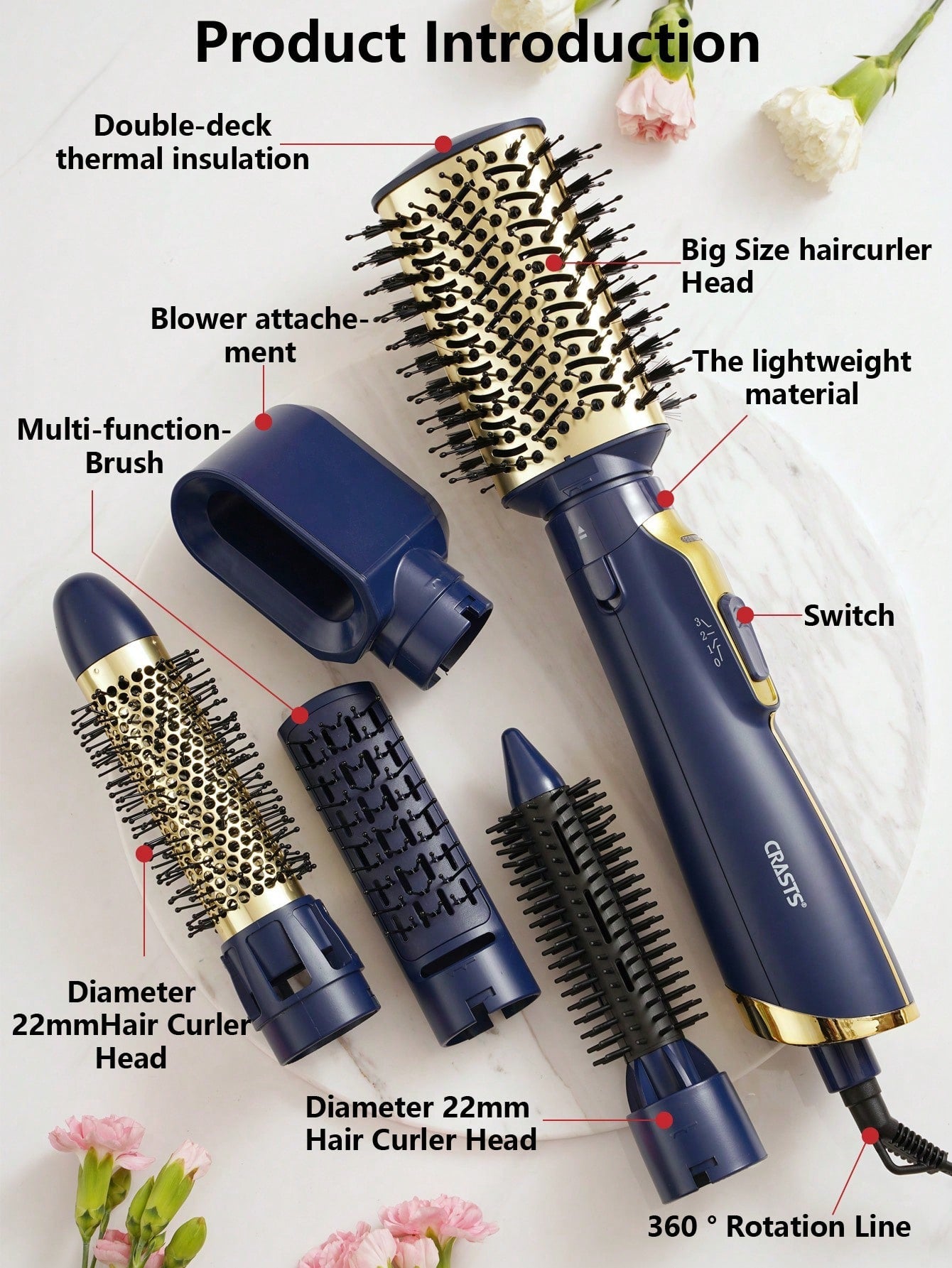 5-in-1 Multifunctional Large Power Large Sized Comb For Blow Drying & Styling, Hot/cold Air Mode Switch, Replaceable Roll Paper, Popular Blue Md-11, Suitable For Hair Salons And Home Use