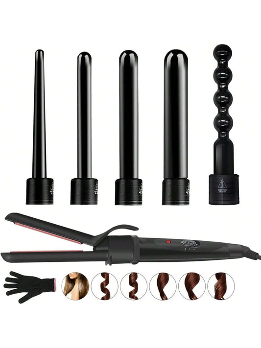 6 in 1 Curling Iron Wand Set+Hair Straightener with 6 Interchangeable Ceramic Barrels and Heat Protective Glove