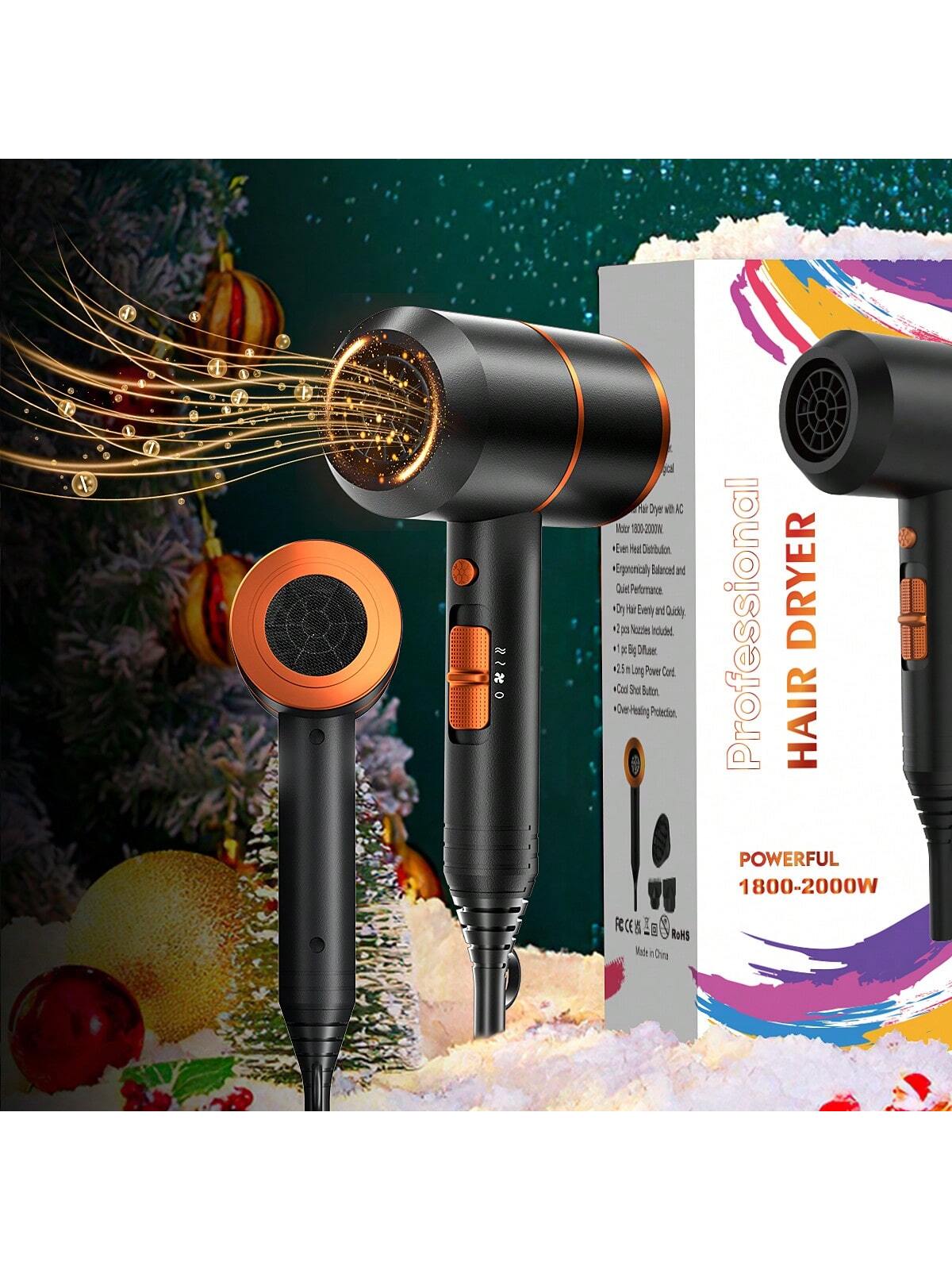 New Professional Ionic Hair Dryer, 1800w Motor With 13.5m/S Airflow, 17500 Rpm Fast Drying & Low Noise, Comes With 2 Concentrators And 1 Diffuser, Suitable For Home, Salon And Travel Use