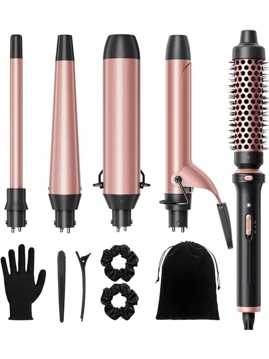 5 in 1 Women Curling Iron,Curling Wand Set with Thermal Brush and 4 Interchangeable Ceramic Curling Wand(0.5”-1.5"),Instant Heat Up Wand Curler, Dual Voltage Curling Iron