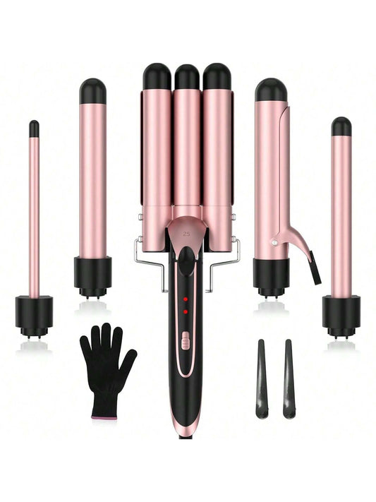 Curling Iron, 5 In 1 Curling Wand Set With 3 Barrel Hair Crimper Hair Tool & 4 Interchangeable Ceramic Curling Wand.35-1.25, 2 Temps, Heating, Include Heat Protective Gloves & 2 Clips