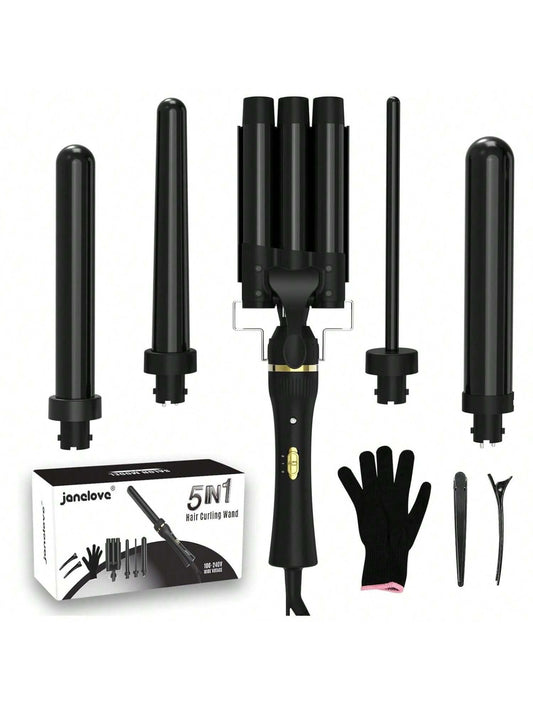 5 In 1 Wand Curling Iron, YONGSTYLE Hair Curling Wand Set With 3 Barrel Hair Crimper And 4 Interchangeable Ceramic Curling Irons 0.39 "-1.25", 2 Temps Fast Heat Hair Waver Curler For All Hair Type