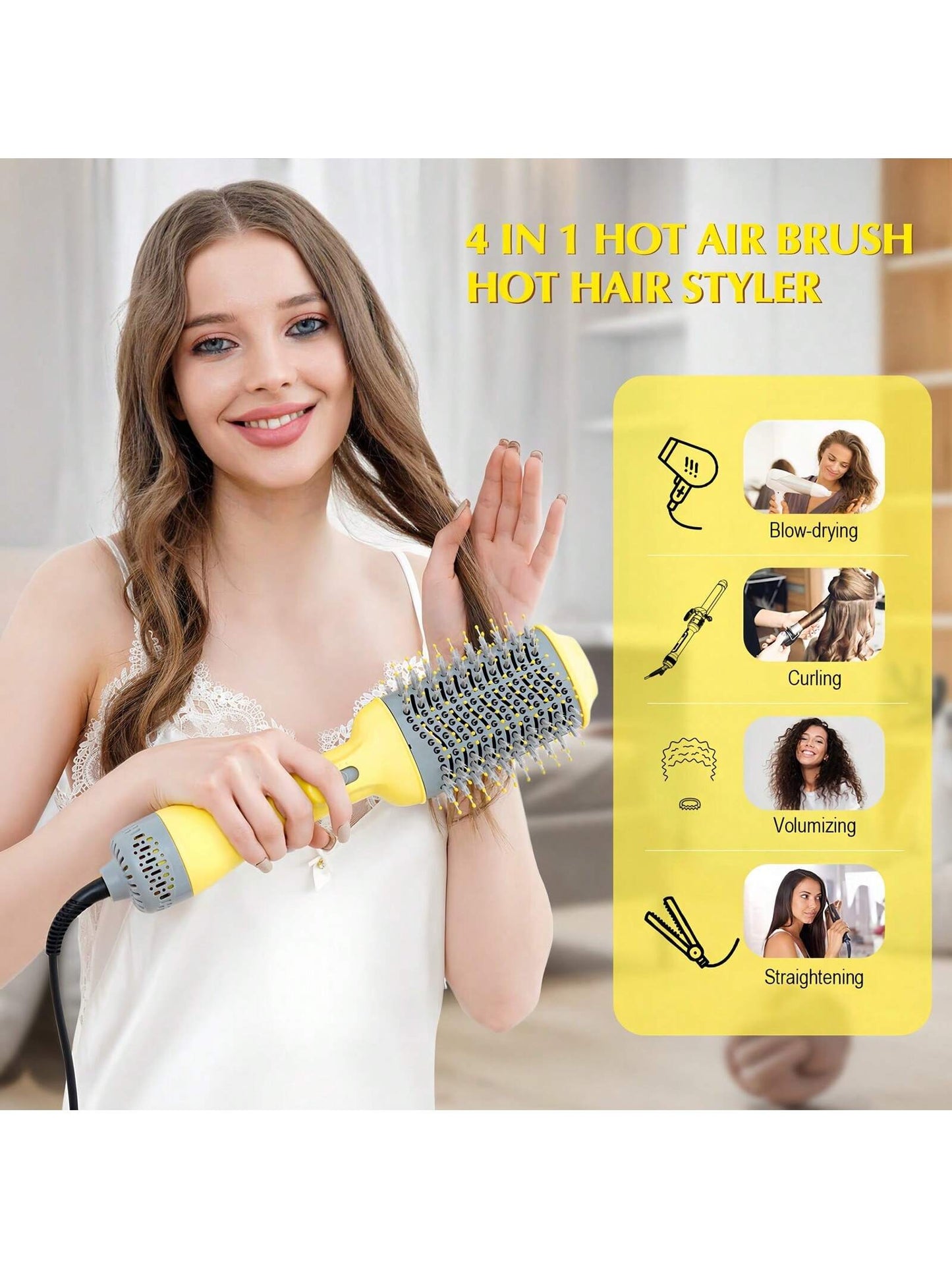 4 In 1 Curling Iron/Hair Dryer/Hair Straightener, 1PC ARbuliry Wall Plug 3-Speed Intelligent TEMP Control Fast Heating Hair Curler For Long & Short Dry/Wet Hair,Yellow