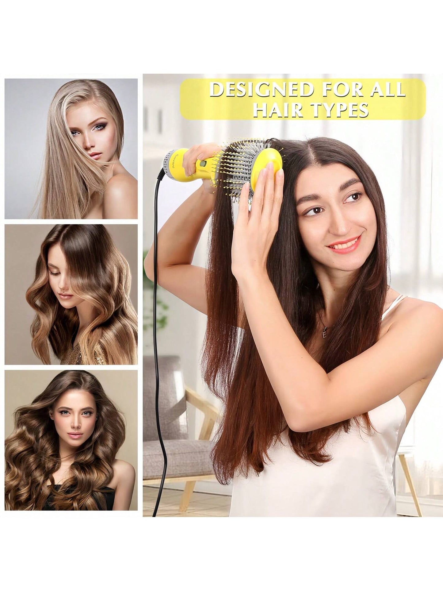 4 In 1 Curling Iron/Hair Dryer/Hair Straightener, 1PC ARbuliry Wall Plug 3-Speed Intelligent TEMP Control Fast Heating Hair Curler For Long & Short Dry/Wet Hair,Yellow