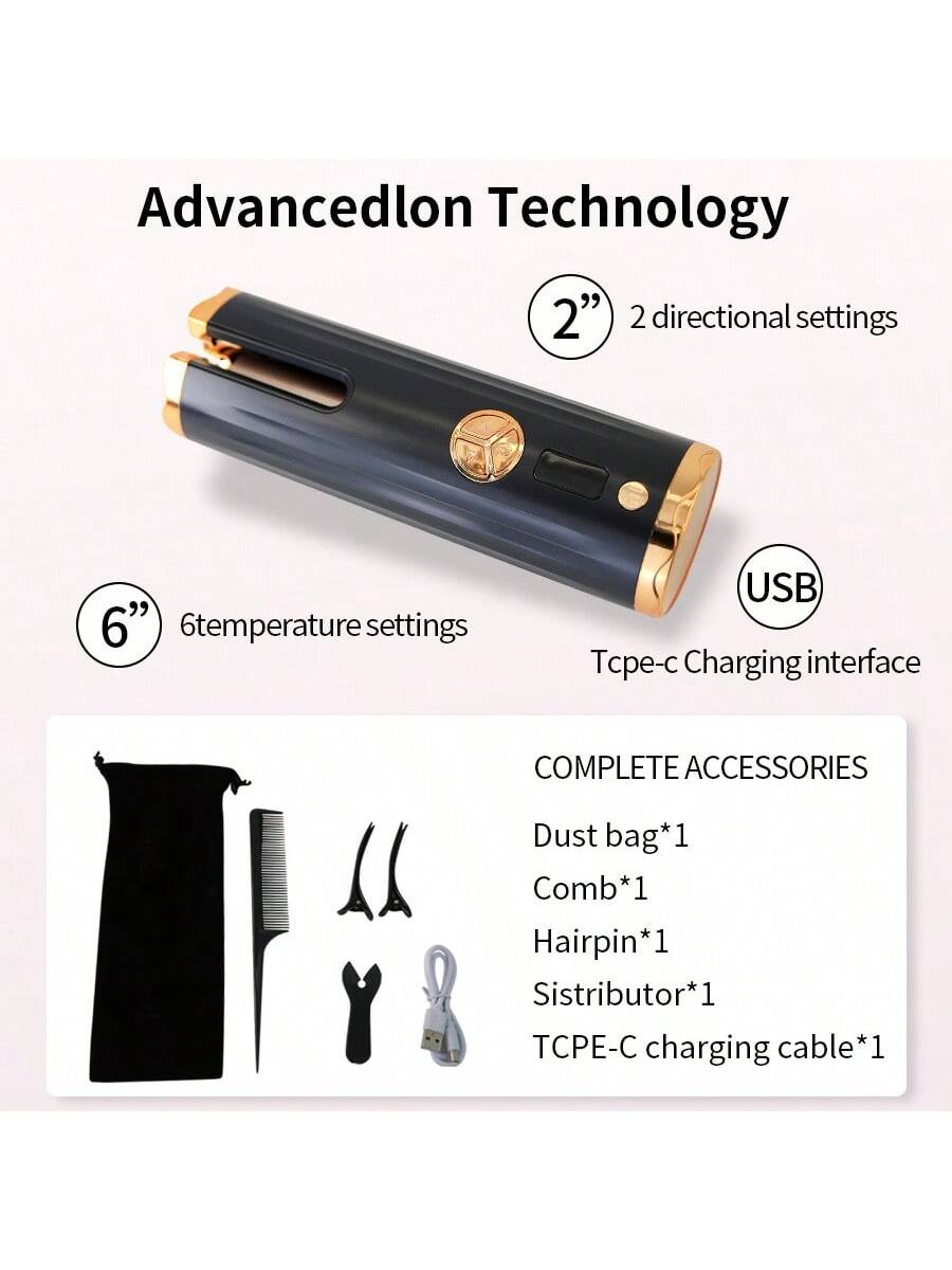 1pc Automatic Hair Curler Iron, Large Wave Style With Negative Ion Technology, Portable Mini Wireless Hair Curling Device
