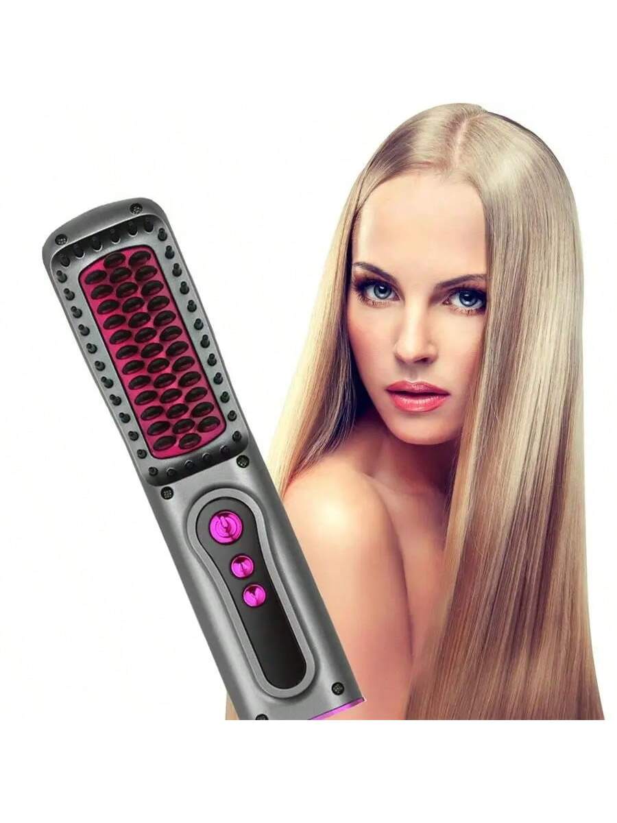 1pc Wireless Hair Straightener Comb, Dual-Use For Straightening And Curling, No Damage, Portable With Mini Inner Curl Clip, Lazy Hair Straightening Tool, Rechargeable