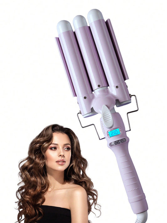 28mm Large Wavy Liquid Crystal Display Adjustable Temperature Three-Tube Fast Hair Curler Hc-002 In Violet, Convenient For Home Or Travel Use