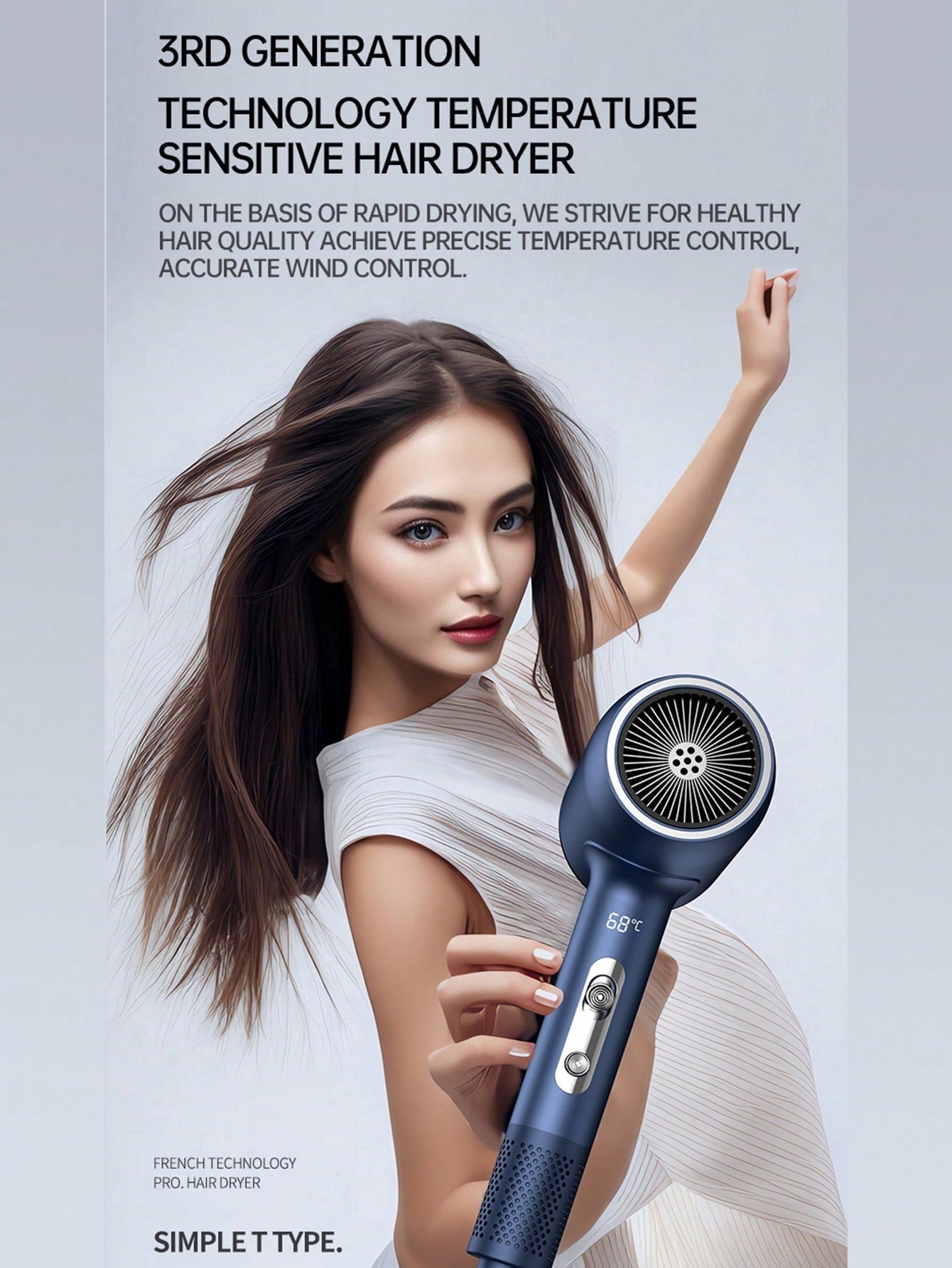 A New Type Of 2400 Powerful Digital Display Blue Light Temperature Control Cold And Hot Air Ionic Hair Dryer, Quick Drying With Double-Layer Nozzle, Suitable For Household, Barber Shop, Hotel Use
