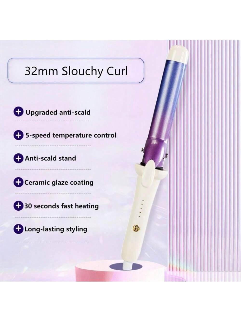 1pc 32mm Professional Big Barrel Curling Iron For Long Lasting Hairstyling, Featuring Inner Curling & Curling Functions, Rapid Heating Ceramic Electric Curling Wand
